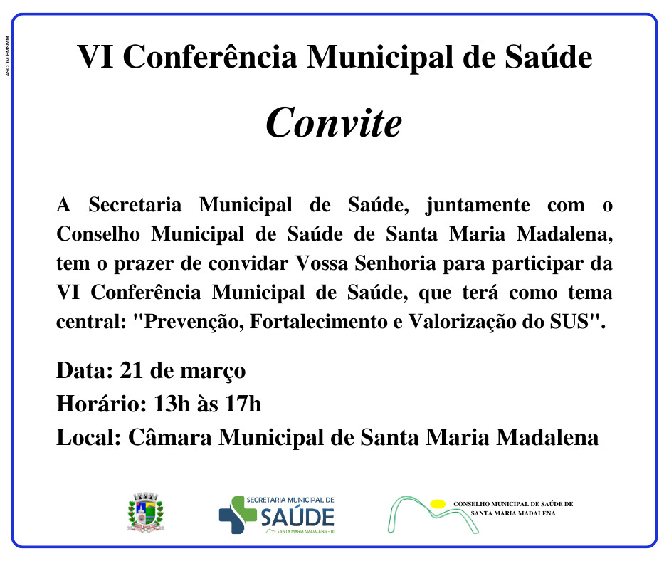 Convite: VI Conferência Municipal de Saúde em Santa Maria Madalena
