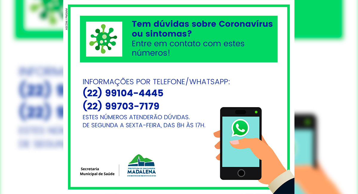 Prefeitura disponibiliza WhatsApp para tirar dúvidas sobre Coronavírus