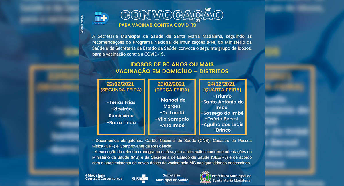 Covid-19: Santa Maria Madalena começa a vacinar idosos com 90 anos ou mais a partir de segunda-feira (22)