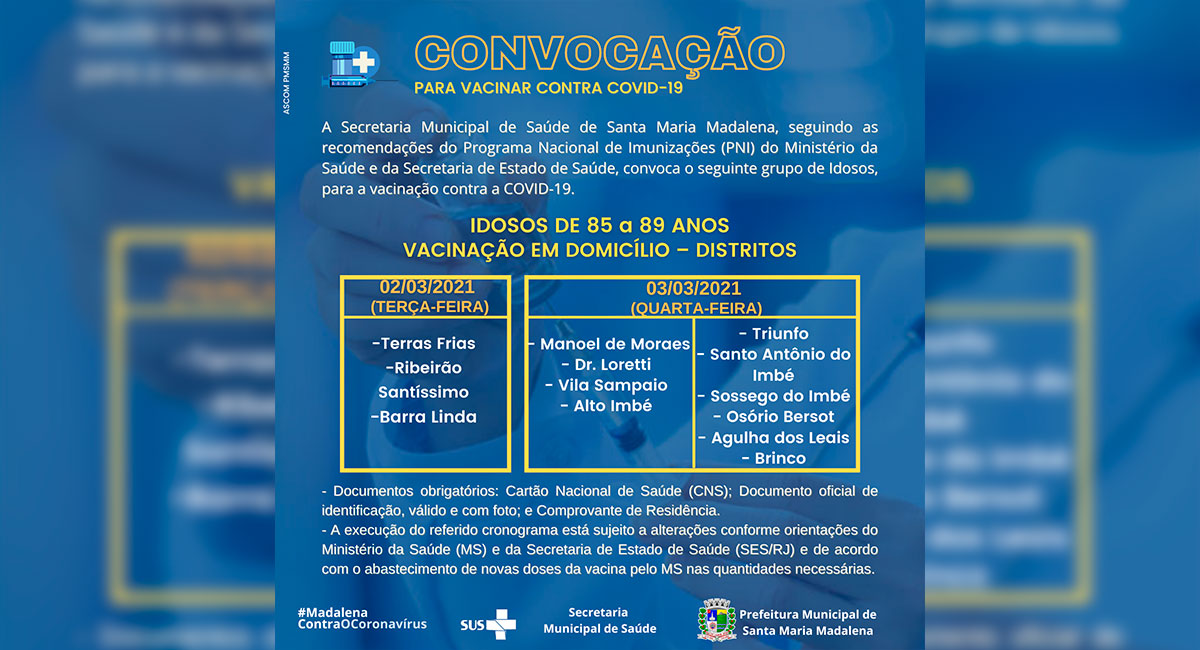 Vacinação de idosos entre 85 e 89 anos começa dia 2 de março em Santa Maria Madalena