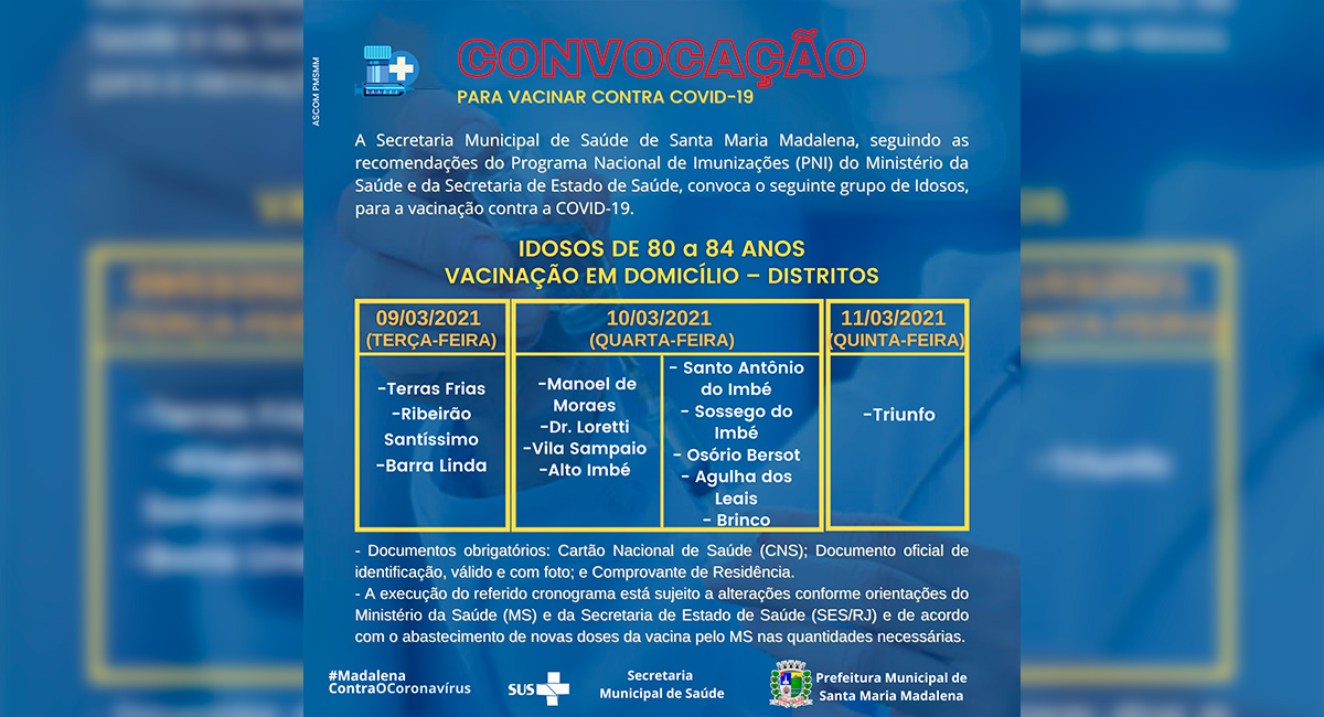 Vacinação de idosos entre 80 e 84 anos começa dia 9 de março em Santa Maria Madalena