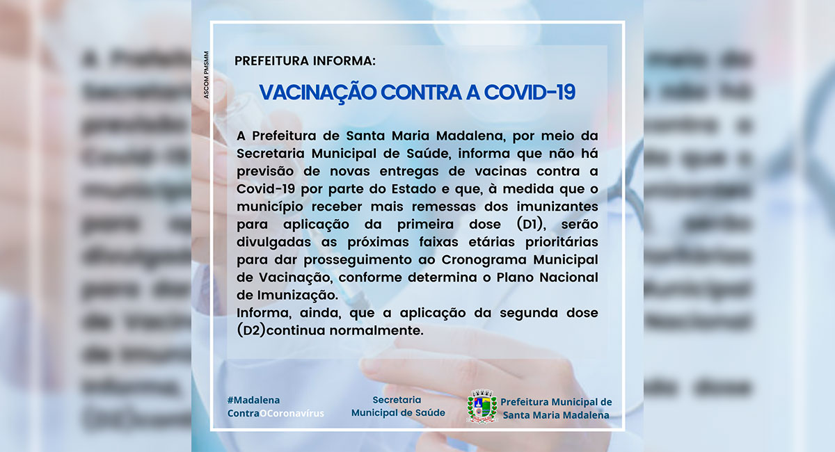 Prefeitura informa sobre a vacinação contra Covid-19