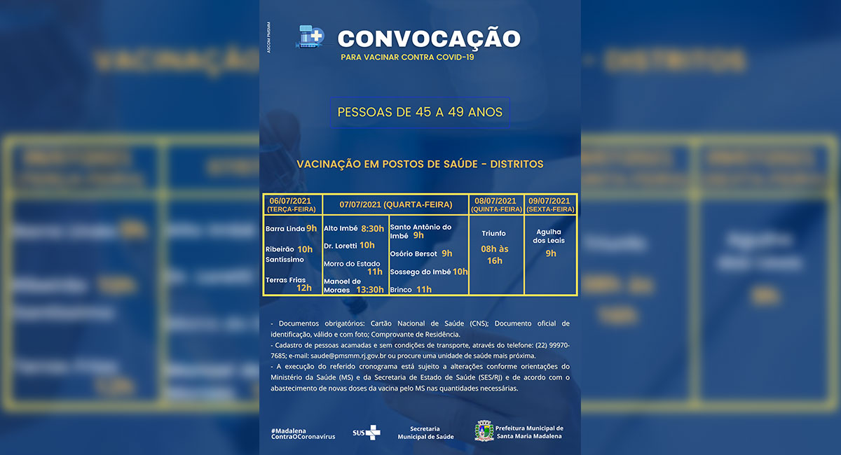 Covid-19: Começa nesta terça-feira (06) a imunização de pessoas de 45 a 49 anos