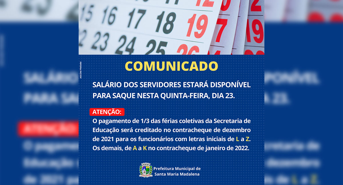 Comunicado: Pagamento dos Servidores estará disponível para saque nesta quinta-feira (23)