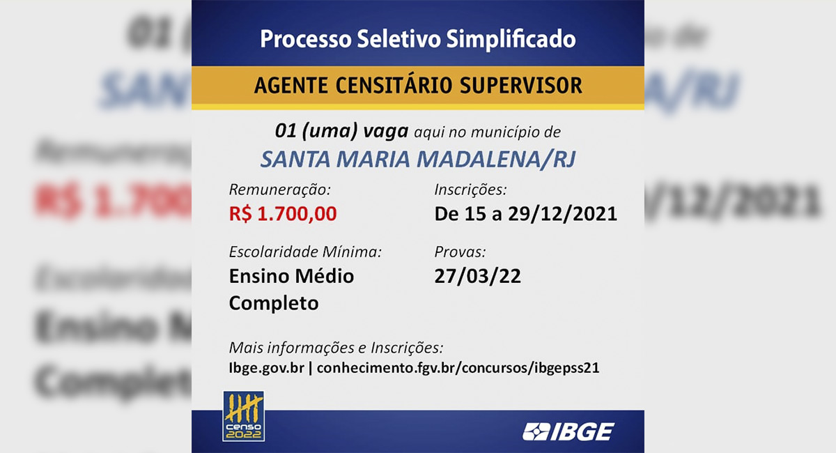 Utilidade Pública: IBGE abre 12 vagas para o Censo 2022 em Santa Maria Madalena