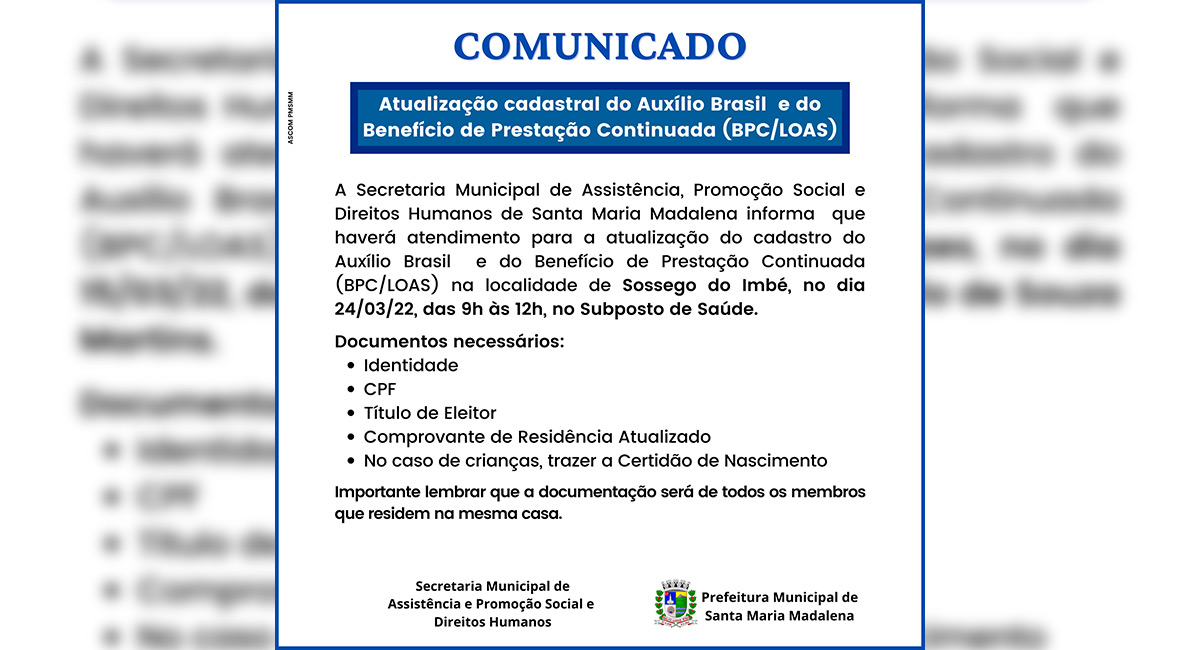 Atualização Cadastral do Auxilio Brasil e do Benefício de Prestação Continuada (BPC/LOAS) em Sossego do Imbé