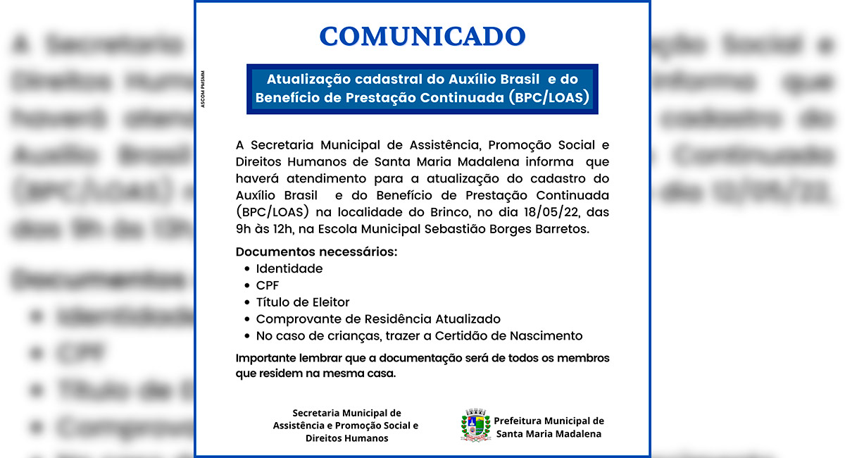 Atualização Cadastral do Auxilio Brasil e do Benefício de Prestação Continuada (BPC/LOAS) no Brinco