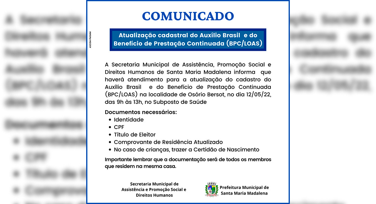 Atualização Cadastral do Auxilio Brasil e do Benefício de Prestação Continuada (BPC/LOAS) em Osório Bersot