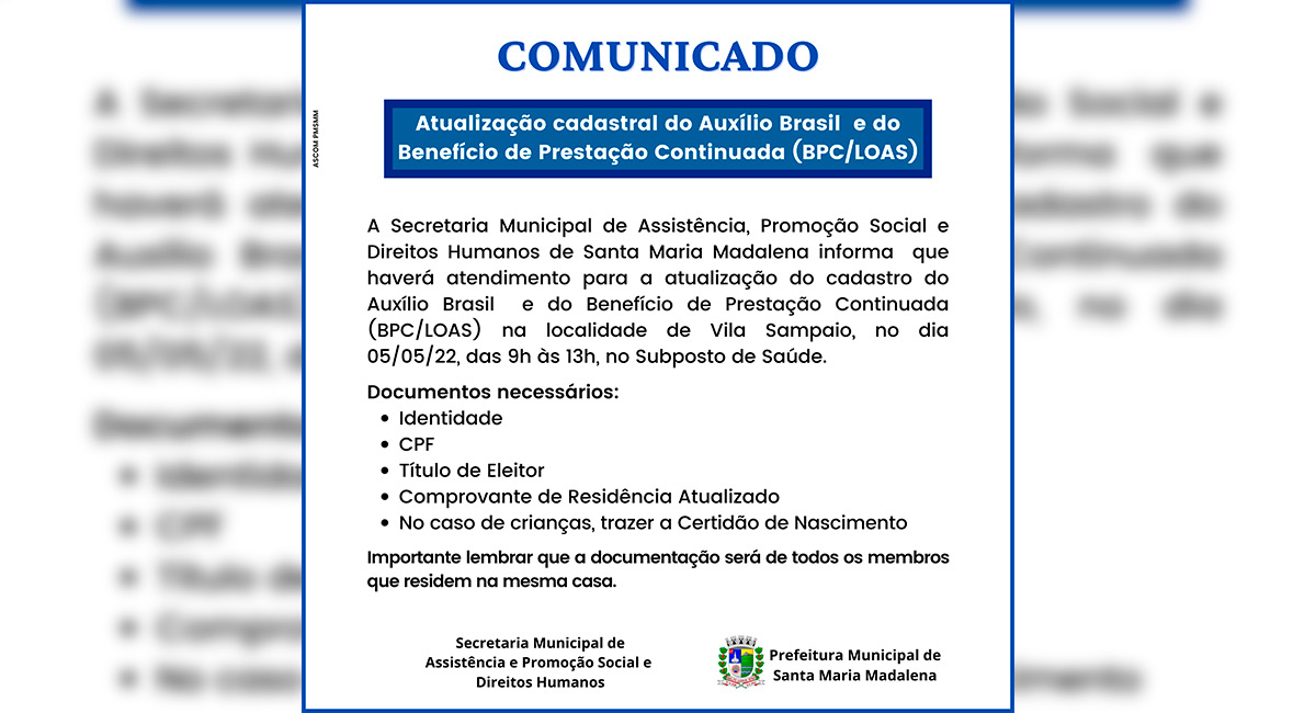 Atualização Cadastral do Auxilio Brasil e do Benefício de Prestação Continuada (BPC/LOAS) em Vila Sampaio