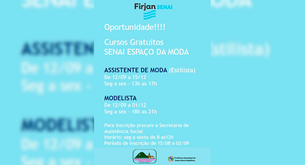 Começa nesta segunda-feira, 15, as inscrições para os cursos gratuitos da Firjan/Senai em Santa Maria Madalena