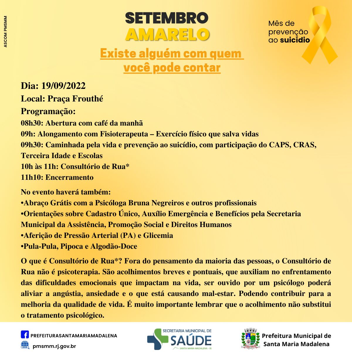 Saúde divulga programação do Setembro Amarelo em Santa Maria Madalena
