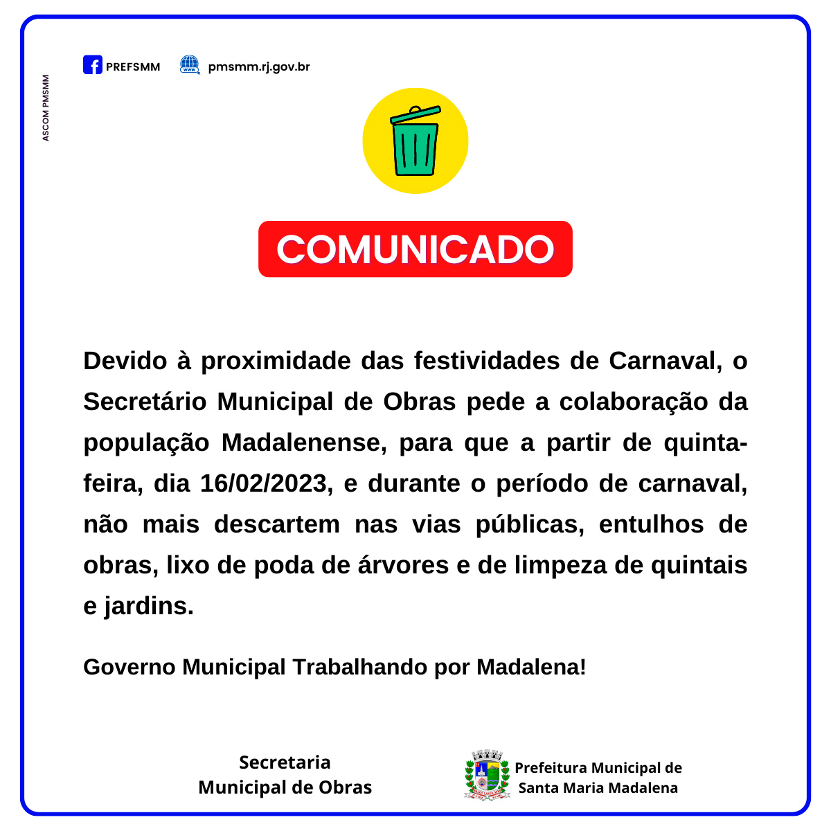 Comunicado da Secretaria Municipal de Obras