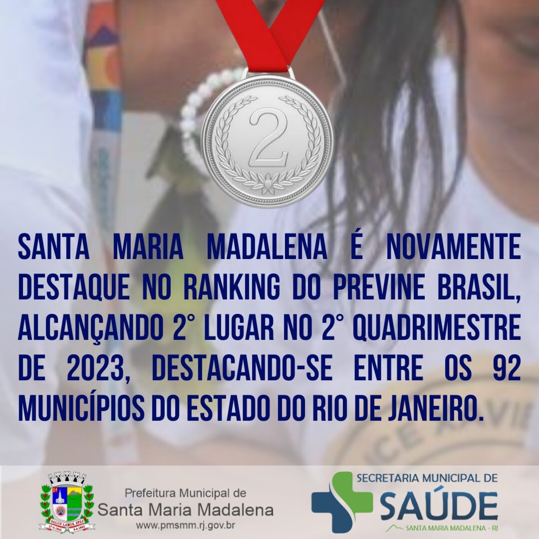 Santa Maria Madalena conquista a 2ª posição no ranking do Previne Brasil no 2º quadrimestre de 2023 entre 92 municípios do Rio de Janeiro.