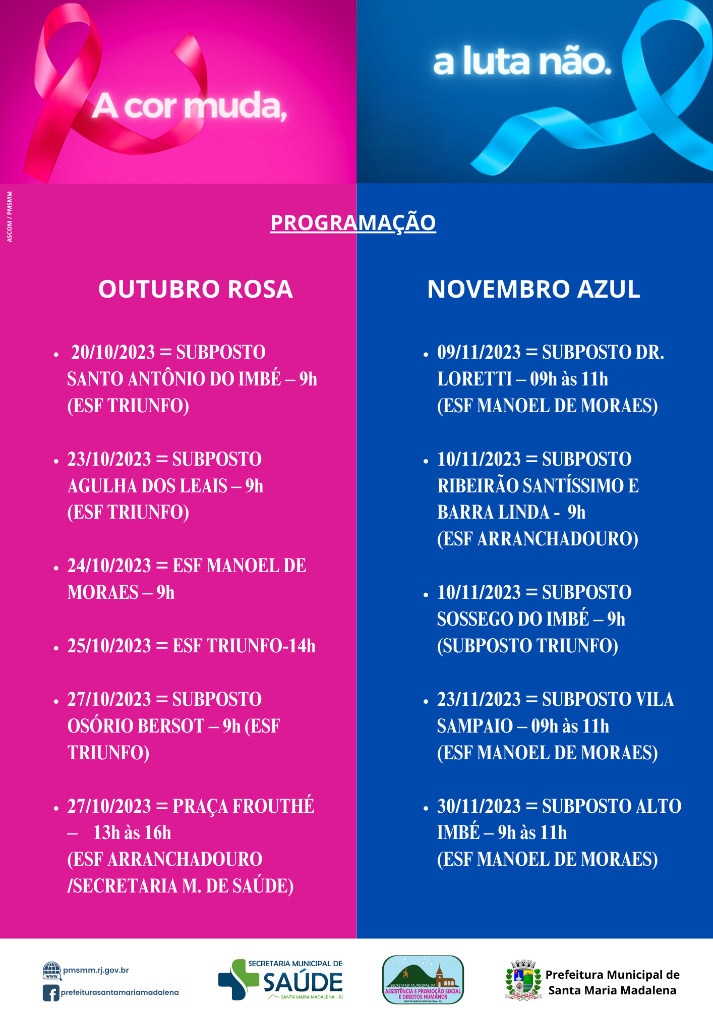 Programação da Campanha Outubro Rosa e Novembro Azul