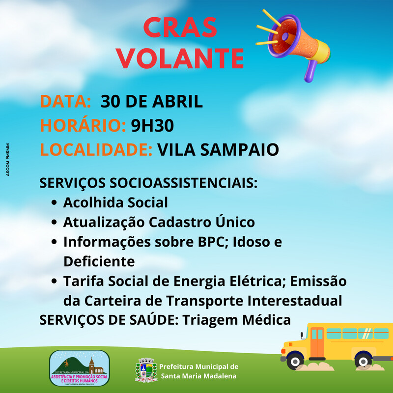 Projeto Cras Volante estará no dia 30 de abril em Vila Sampaio