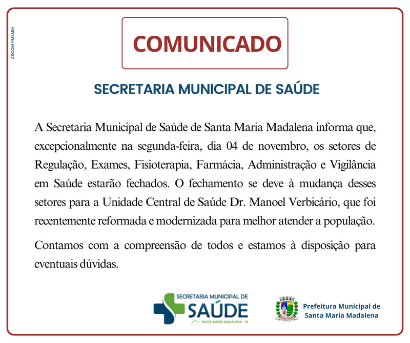 Comunicado oficial da Secretaria Municipal de Saúde: