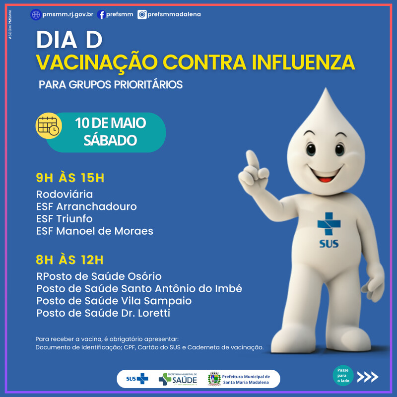 Prefeitura de Santa Maria Madalena promove o Dia D de Vacinação contra a Influenza