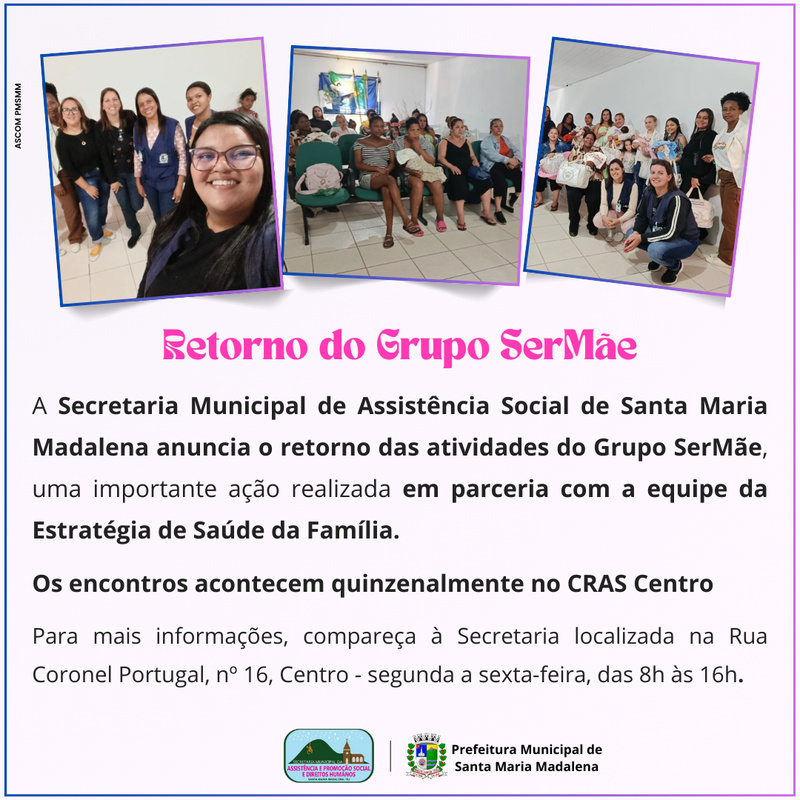 Secretaria de Assistência Social informa retorno do Grupo SerMãe