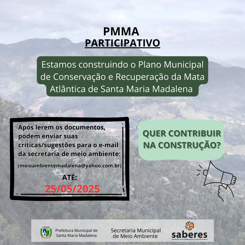 Participe da construção do Plano Municipal de Conservação e Recuperação da Mata Atlântica (PMMA) de Santa Maria Madalena