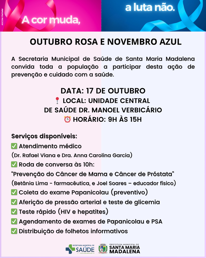 Secretaria de Saúde realiza ação em alusão ao Outubro Rosa e Novembro Azul