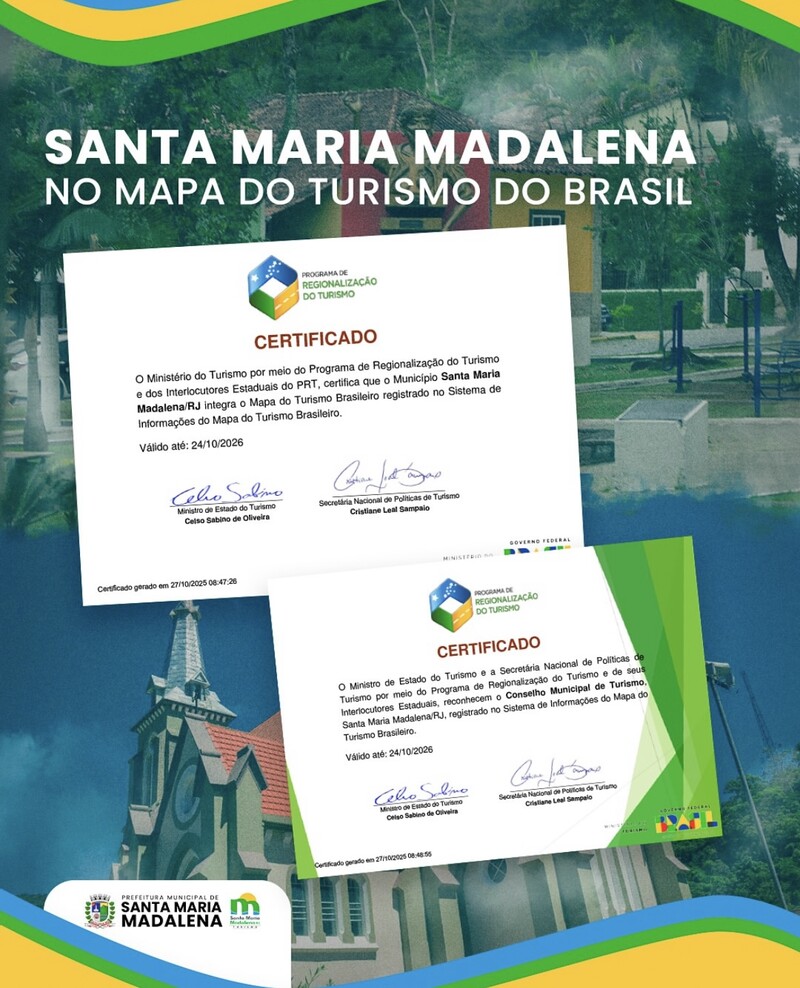 Santa Maria Madalena recebe certificação e passa a integrar o Mapa do Turismo Brasileiro