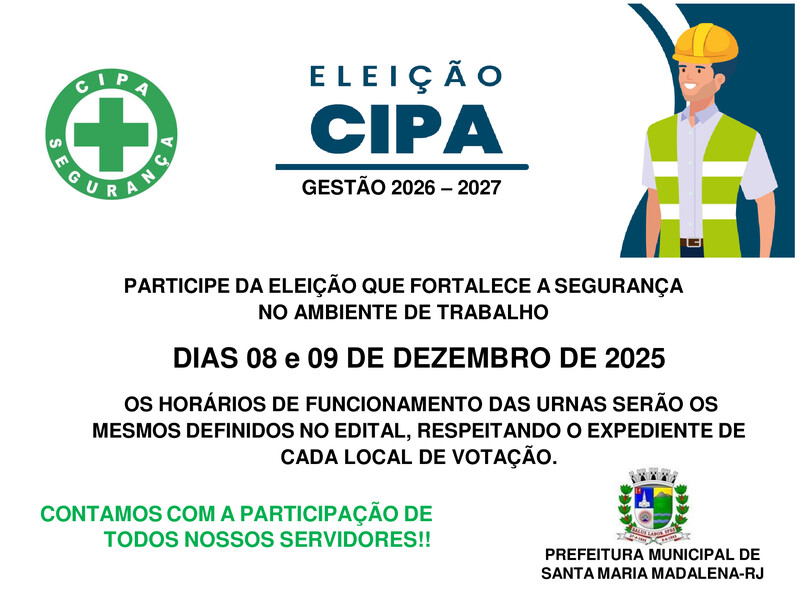 Eleições CIPA - Gestão 2026/2027: Inscrições de 12 de novembro a 03 de dezembro de 2025. Participe!