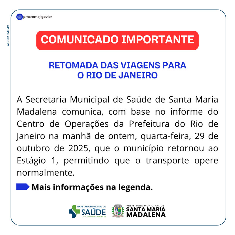 Comunicado: Retomada das viagens para o Rio de Janeiro