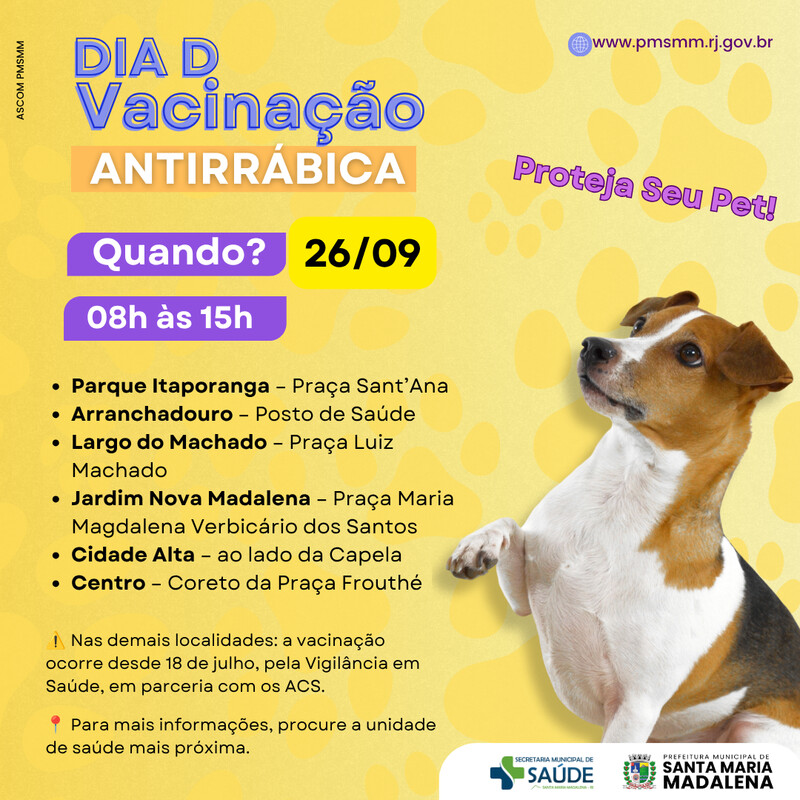 Dia D da Campanha de Vacinação Antirrábica será realizado em 26 de setembro