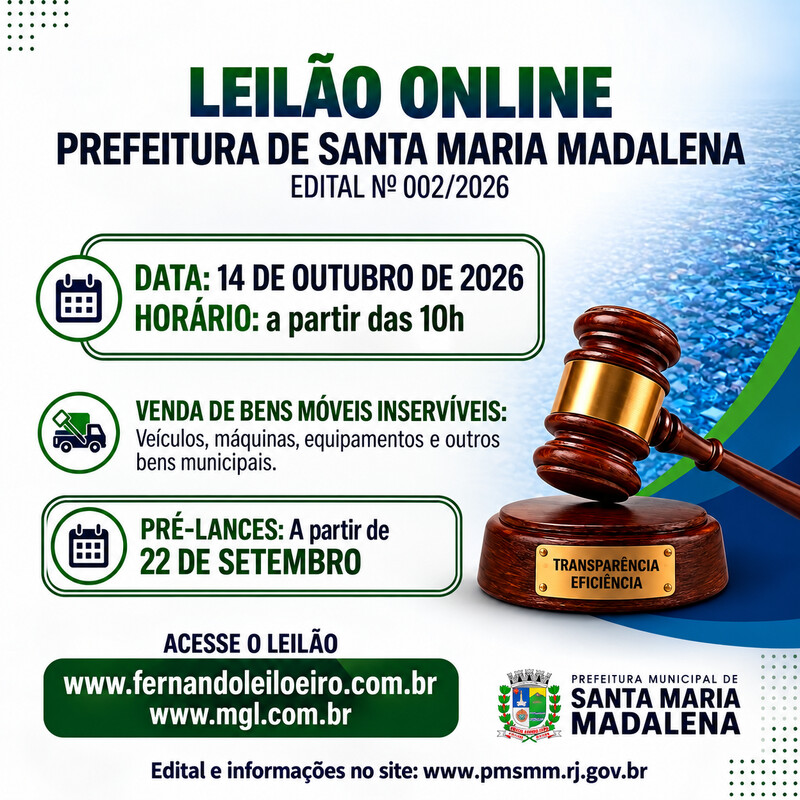 Prefeitura de Santa Maria Madalena realiza leilão online de bens móveis inservíveis