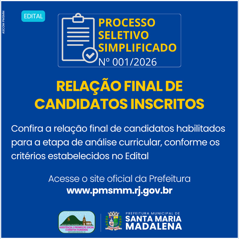 Prefeitura divulga Relação Final de Candidatos Inscritos no Processo Seletivo Simplificado nº 001/2026